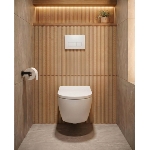 QeramiQ Dely Swirl Ensemble WC - 36.3x51.7cm - Réservoir encastré Geberit UP320 - Abattant de 35mm d'épaisseur - Plaque de commande blanche brillante - Boutons rectangulaires - Blanc mat SW1138632