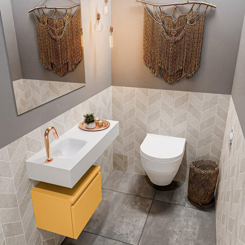 MONDIAZ ANDOR Meuble WC - 80x30x30cm - 1 trou de robinet - 1 tiroir - ocre mat - lavabo à gauche - Solid surface - Blanc SW474121
