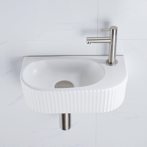 QeramiQ Fuente fonteinset – 40x21.5x12 cm – kraangat rechts – kraan geborsteld RVS – geribbeld SW1233017