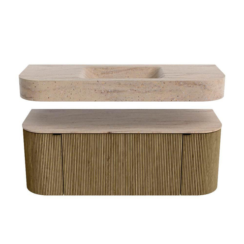 MONDIAZ THOR-DLUX 120cm meuble de salle de bains arrondi gauche + droite couleur Dusk avec 1 tiroir et 2 portes. Vasque suspendue CLOUD Milieu sans trou de robinet couleur Saba. SW1463476