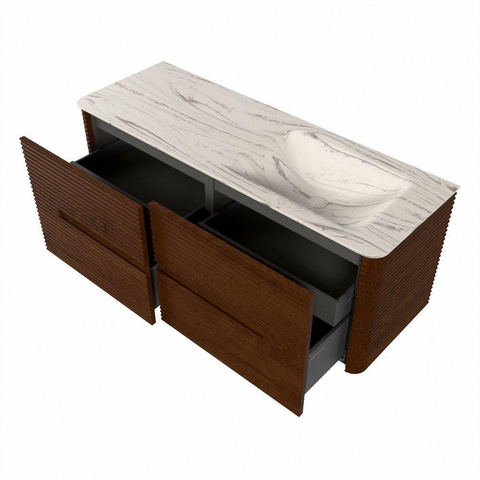 Mondiaz CIRO-DLUX Meuble de salle de bains - 130x45x50cm - Vasque solid surface Nata - 1 lavabo à droite - 1 trou de robinetterie - 4 tiroirs - Ruby SW1532040
