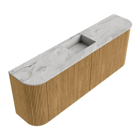 Mondiaz JOYA-DLUX 113.2cm meuble de salle de bains - arrondi gauche et droite couleur Chêne - Vasque FAYE position Milieu Sans trou de robinet couleur Glace. SW1422000
