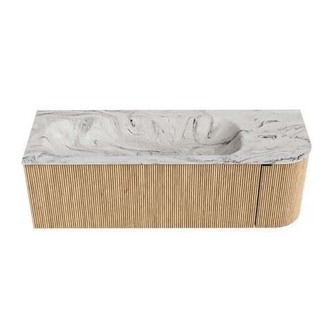 MONDIAZ KURVE-DLUX Meuble de salle de bains 135 cm avec module 25 R couleur Chêne avec 1 tiroir et 1 porte. Lavabo BIG MEDIUM gauche sans trou de robinet couleur Glace. SW1137957