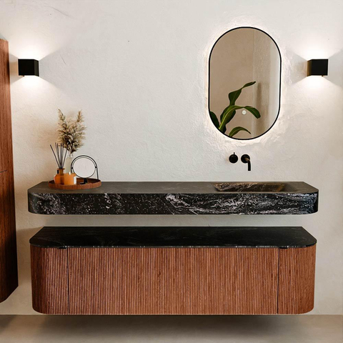MONDIAZ THOR-DLUX 170cm badmeubel ronding links + rechts kleur Ruby met 1 lade en 2 deuren. Vrijhangende wastafel CLOUD Rechts zonder kraangat kleur Lava. SW1465476