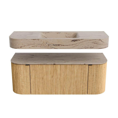 MONDIAZ THOR-DLUX 120cm badmeubel ronding links + rechts kleur Oak met 1 lade en 2 deuren. Vrijhangende wastafel CLOUD Midden zonder kraangat kleur Arena. SW1463412