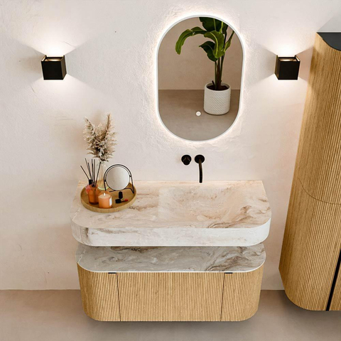 MONDIAZ THOR-DLUX 110cm badmeubel ronding links + rechts kleur Oak met 1 lade en 2 deuren. Vrijhangende wastafel CLOUD Rechts zonder kraangat kleur Frappe. SW1462729