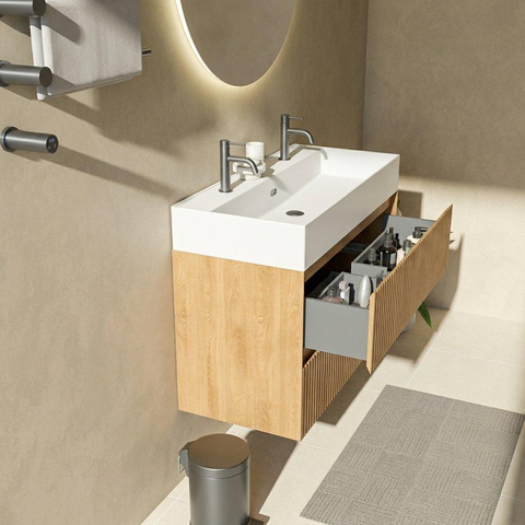 Saniclass Holz Atelier Badkamermeubelset - 100x45x72cm - Legend keramische wastafel mat wit - 1 wasbak - 2 kraangaten - 2 lades - mat eiken natural (hout) SW1579618