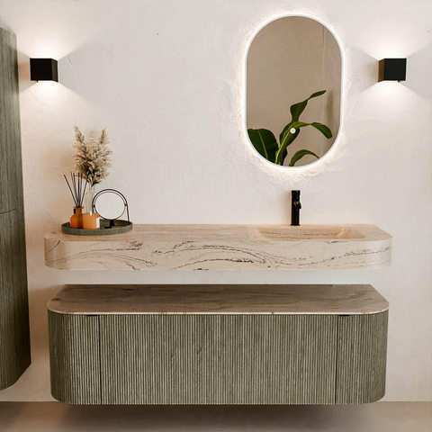 MONDIAZ THOR-DLUX 150cm meuble de salle de bains arrondi gauche + droite couleur Shadow avec 1 tiroir et 2 portes. Vasque suspendue CLOUD Droite 1 trou de robinet couleur Arena. SW1464745