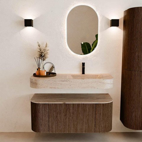 MONDIAZ THOR-DLUX 110cm badmeubel ronding links + rechts kleur Walnut met 1 lade en 2 deuren. Vrijhangende wastafel CLOUD Rechts 1 kraangat kleur Saba. SW1462988