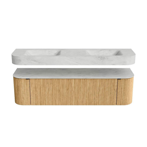 MONDIAZ THOR-DLUX 170cm badmeubel ronding links + rechts kleur Oak met 1 lade en 2 deuren. Vrijhangende wastafel CLOUD Dubbel zonder kraangat kleur Opalo. SW1465424