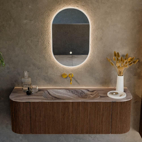 MONDIAZ KURVE-DLUX 140cm badmeubel ronding Links + Rechts kleur Walnut met 1 lade en 2 deuren. Wastafel BIG SMALL Midden zonder kraangat Sombra. SW1433656