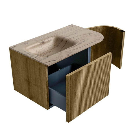 MONDIAZ KURVE-DLUX Meuble de salle de bains 75cm arrondi Droite couleur Dusk avec 1 tiroir et 1 porte. Lavabo GRUNNE Gauche 1 trou de robinet Arena. SW1431334