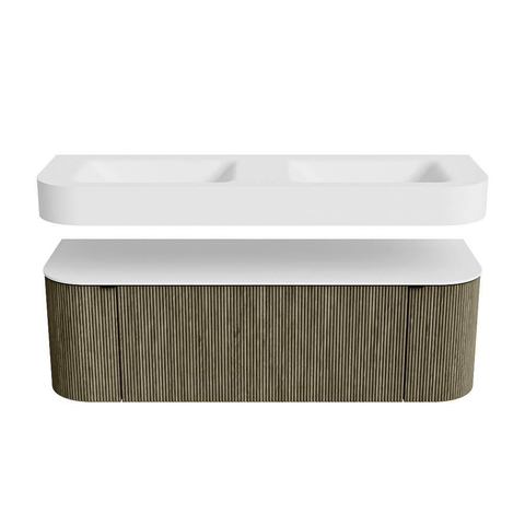 MONDIAZ THOR 140cm meuble de salle de bains arrondi gauche + droite couleur Shadow avec 1 tiroir et 2 portes. Vasque suspendue CLOUD Double sans trou de robinet couleur Talc. SW1464137