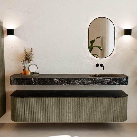 MONDIAZ THOR-DLUX 190cm meuble de salle de bains arrondi gauche + droite couleur Shadow avec 2 tiroirs et 2 portes. Vasque suspendue CLOUD droite sans trou de robinet couleur Lava. SW1466565
