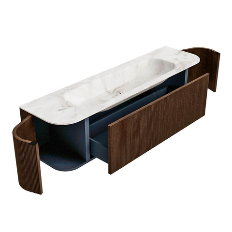 MONDIAZ KURVE-DLUX 170cm meuble de salle de bains avec module 25 Len R couleur Walnut avec 1 tiroir et 2 portes. Lavabo BIG LARGE au milieu 2 trous de robinet couleur Frappe. SW1137496
