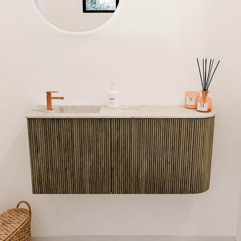 Mondiaz JOYA-DLUX 91.6cm meuble de salle de bains - arrondi droit couleur Dusk - Vasque FAYE position Gauche 1 trou de robinet couleur Frappe. SW1423128