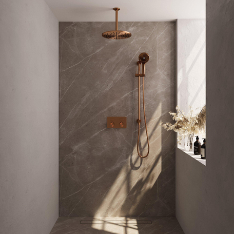 BRAUER Copper Edition Thermostatische Regendouche inbouw - drukknoppen - SET 72 - 30cm hoofddouche - plafondarm - 3 standen handdouche - doucheslang - geïntegreerde glijstang - koper geborsteld PVD SW925614