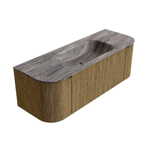 MONDIAZ KURVE-DLUX 130cm badmeubel ronding Links + Rechts kleur Dusk met 1 lade en 2 deuren. Wastafel BIG SMALL Midden zonder kraangat Oza. SW1432979