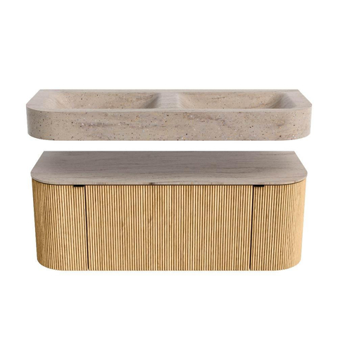 MONDIAZ THOR-DLUX 120cm badmeubel ronding links + rechts kleur Oak met 1 lade en 2 deuren. Vrijhangende wastafel CLOUD Dubbel 2 kraangaten kleur Saba. SW1463434