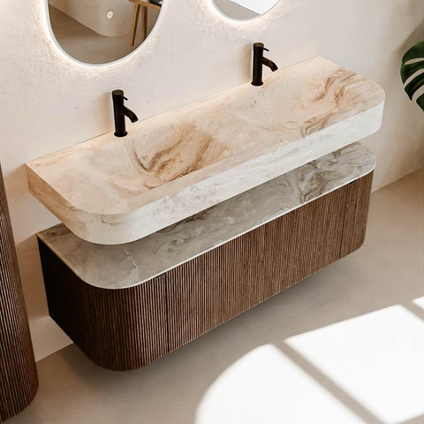 MONDIAZ THOR-DLUX 140cm meuble de salle de bains arrondi gauche + droite couleur Walnut avec 1 tiroir et 2 portes. Vasque suspendue CLOUD Double 2 trous de robinet couleur Frappe. SW1463943
