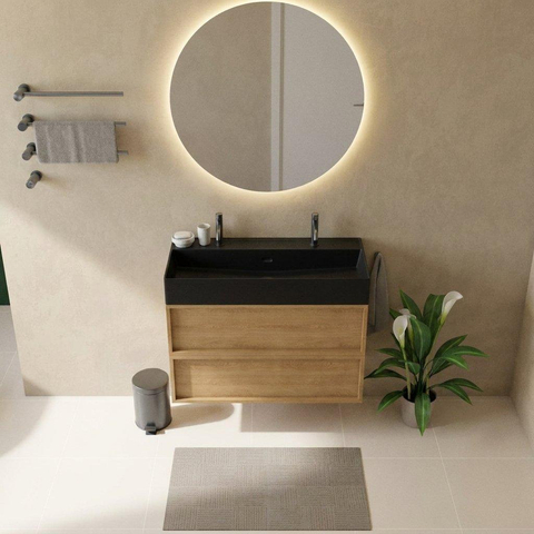 Saniclass Holz Frame Badkamermeubelset - 100x45x72cm - Legend keramische wastafel mat zwart - 1 wasbak - 2 kraangaten - 2 lades - mat eiken natural (hout) SW1580103