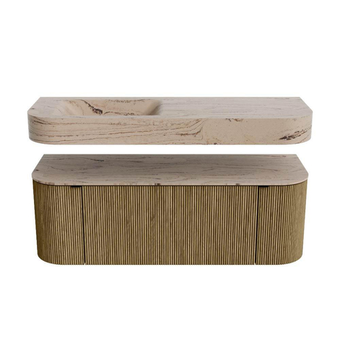 MONDIAZ THOR-DLUX 130cm meuble de salle de bains arrondi gauche + droite couleur Dusk avec 1 tiroir et 2 portes. Vasque suspendue CLOUD Gauche 1 trou de robinet couleur Arena. SW1463760