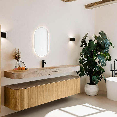 MONDIAZ THOR-DLUX 200cm meuble de salle de bains arrondi gauche + droite couleur Oak avec 2 tiroirs et 2 portes. Vasque suspendue CLOUD Milieu 1 trou de robinet couleur Arena. SW1467058