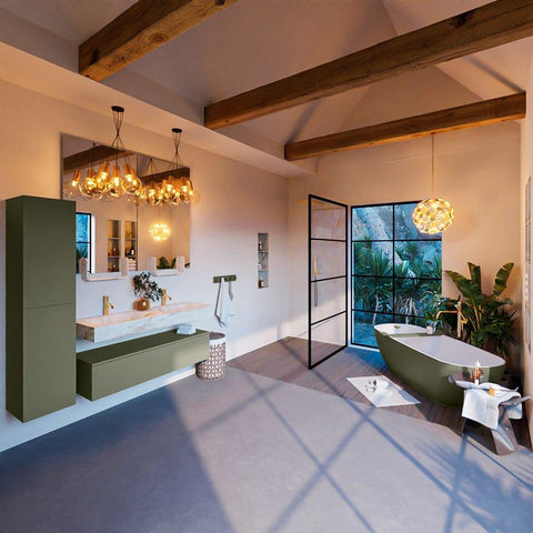 Mondiaz ALAN-DLUX Ensemble de meuble - 130cm - meuble Army mat - 1 tiroir - Lavabo Cloud Frappe suspendu - vasque Gauche et droite - 2 trous de robinet SW805570