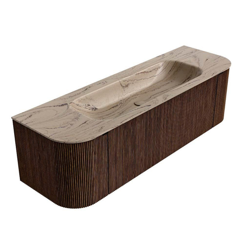 MONDIAZ KURVE-DLUX 150cm badmeubel ronding Links + Rechts kleur Walnut met 1 lade en 2 deuren. Wastafel BIG MEDIUM Midden 1 kraangat Arena. SW1431261