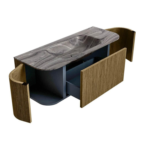 MONDIAZ KURVE-DLUX Meuble de salle de bains 120cm arrondi Gauche + Droite couleur Dusk avec 1 tiroir et 2 portes. Lavabo BIG SMALL Milieu sans trou de robinet Sombra. SW1433833