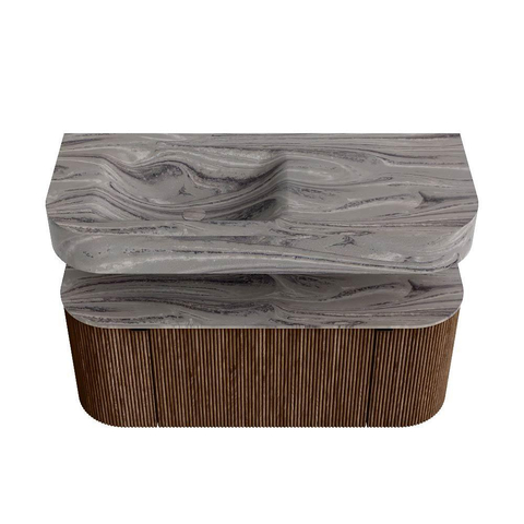 MONDIAZ THOR-DLUX Meuble de salle de bains 110cm arrondi gauche + droite couleur Walnut avec 1 tiroir et 2 portes. Vasque suspendue CLOUD Gauche 1 trou de robinet couleur Sombra. SW1463030