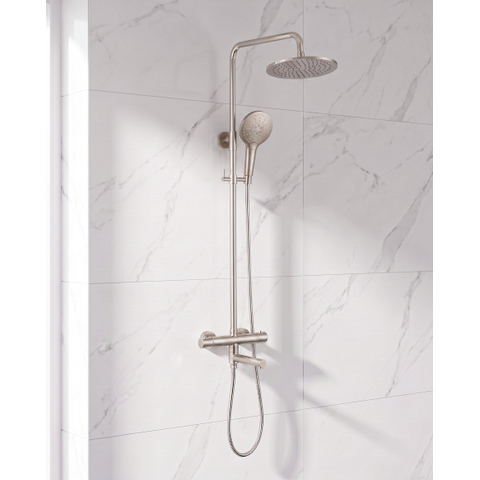 Fortifura Calvi Ensemble de douche à effet pluie - thermostatique - douche de tête 25 cm - flexible métallique - douchette ronde - bec de bain pivotant - RVS brossé PVD SW1592525