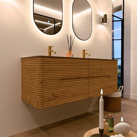 Mondiaz CIRO-DLUX Badkamermeubelset - 140x45x50cm - Solid surface wastafel Oza - 2 wasbak Dubbel - 2 kraangaten - 4 lades - Oak SW1531124