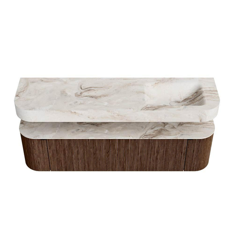 MONDIAZ THOR-DLUX 170cm badmeubel ronding links + rechts kleur Walnut met 1 lade en 2 deuren. Vrijhangende wastafel CLOUD Rechts 1 kraangat kleur Frappe. SW1465555