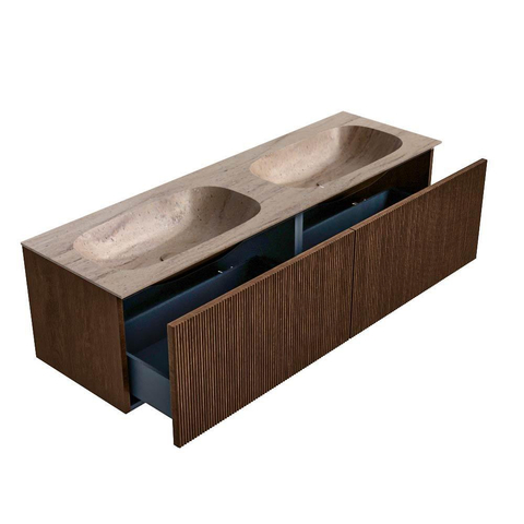 MONDIAZ KURVE-DLUX meuble de salle de bains 150cm couleur Walnut avec 2 tiroirs et 0 porte. Lavabo STOR SMALL Double 2 trous de robinet Saba. SW1433222