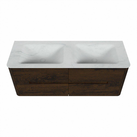 Mondiaz CIRO-DLUX Badkamermeubelset - 130x45x50cm - Solid surface wastafel Opalo - 2 wasbak Dubbel - zonder kraangaten - 4 lades - Walnut SW1530500