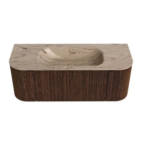 MONDIAZ KURVE-DLUX 120cm badmeubel ronding Links + Rechts kleur Walnut met 1 lade en 2 deuren. Wastafel BIG SMALL Midden 1 kraangat Arena. SW1431173