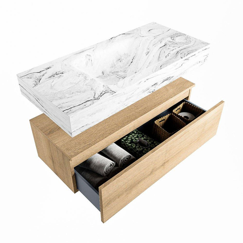 Mondiaz ALAN-DLUX Ensemble de meuble - 100cm - meuble Washed Oak mat - 1 tiroir - Lavabo Cloud Glace suspendu - vasque Centre - 0 trous de robinet SW808821