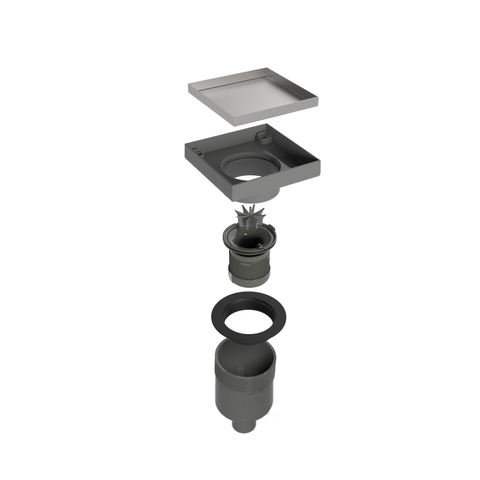 Easy Drain Aqua Quattro Tegel vloerput met ABS afwerkdeel/RVS betegelbaar rooster en uitloop verticaal 15x15cm inbouwdiepte 117 155mm waterslot 50mm OUTLETSTORE STORE44344