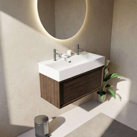Saniclass Holz Frame Ensemble de meubles de salle de bains - 100x45x52cm - Vasque Legend en céramique blanche - 1 vasque - 2 trous de robinetterie - 1 tiroir - chêne charcoal mat (bois) SW1478500