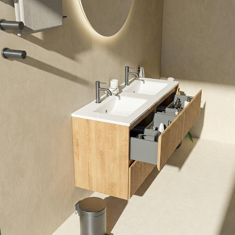 Saniclass Holz Atelier Badkamermeubelset - 120x45x62cm - Vygo keramische wastafel wit - 2 wasbakken - 2 kraangaten - 4 lades - mat eiken natural (hout) SW1441844
