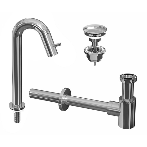 INK 5A Kit robinet lave-mains - robinet lave-mains sur pied - hautement courbé - toujours ouvert - bonde et siphon design - Chrome SW693056