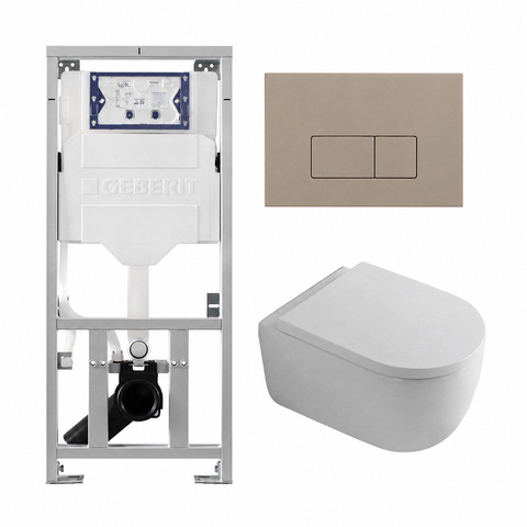 QeramiQ Dely Swirl Pack WC suspendu - 36.3x51.7cm - bâti-support Geberit UP320 - abattant 35mm - plaque de commande taupe - boutons rectangulaires - blanc mat SW1164234