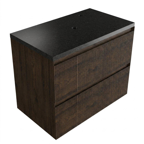 Saniclass Holz Atelier Badkamermeubelset - 80x45x63cm - Noche basalten wastafelblad gepolijst (zwart) - 1 kraangat - 2 lades - mat eiken charcoal (hout) SW1478542