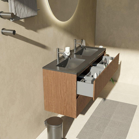 Saniclass Holz Atelier Badkamermeubelset - 120x45x62cm - Vygo keramische wastafel zwart - 2 wasbakken - 2 kraangaten - 2 lades - mat walnut pure (hout) SW1478990