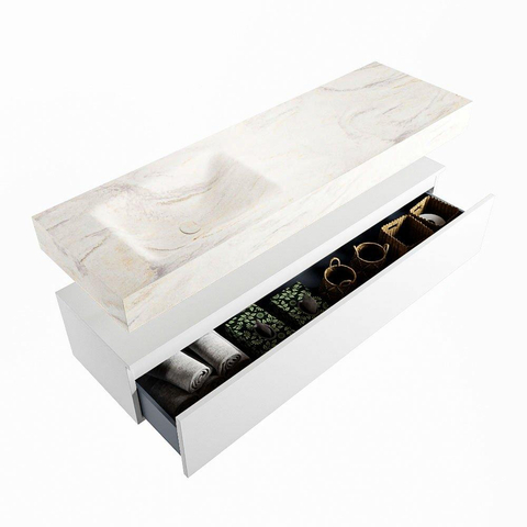 Mondiaz ALAN-DLUX Ensemble de meuble - 150cm - meuble Talc mat - 1 tiroir - Lavabo Cloud Ostra suspendu - vasque Gauche - 0 trous de robinet SW806940