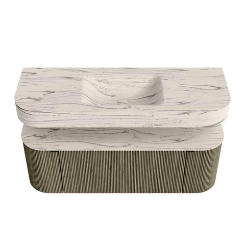 MONDIAZ THOR-DLUX 130cm meuble de salle de bains arrondi gauche + droite couleur Shadow avec 1 tiroir et 2 portes. Vasque suspendue CLOUD Milieu sans trou de robinet couleur Nata. SW1463875