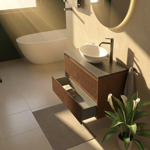 Saniclass Holz Atelier Ensemble meuble de salle de bains - 100x45x63cm - Plan vasque en basalte Noche poli (noir) - 1 trou de robinetterie - 2 tiroirs - walnut pure mat (bois) SW1478566