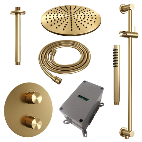BRAUER Gold Carving douche de pluie encastrée thermostatique - 3 voies - rond - set 90 - pomme de douche 30cm - bras de plafond - douchette barre - flexible de douche - barre de douche intégrée - or brossé PVD SW1159063
