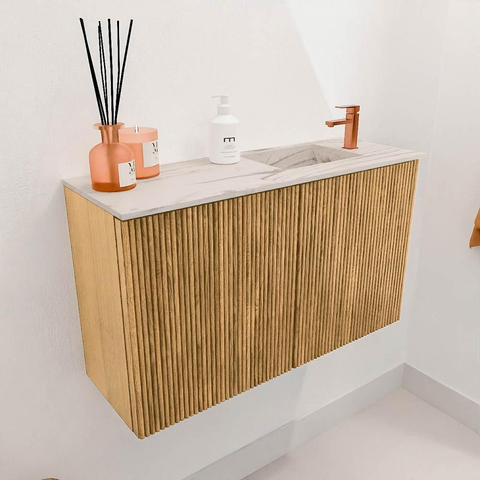 Mondiaz JOYA-DLUX 70cm toiletmeubel - kleur Oak - Wastafel FAYE positie Rechts 1 kraangat kleur Nata. SW1424016